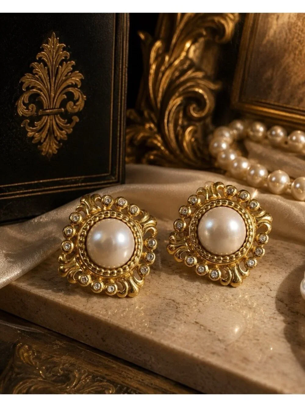 Vintage 1980s Earrings Gold Tone Filigree Faux Pearl Cabochon Rhinestone Regency